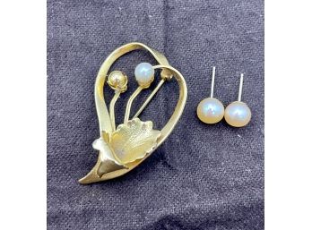 Pearl Earrings And Brooch