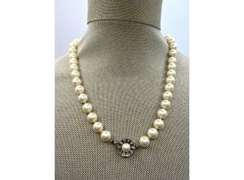 Faux Pearl Necklace With Silver And Rhinestone Clasp