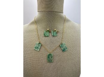 Vintage Chinese Carved Jade Necklace & Earring Set