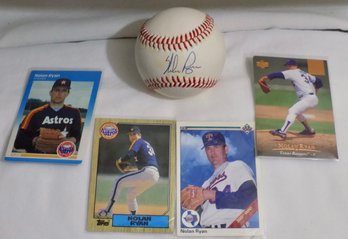 Nolan Ryan Autographed Baseball And 4 Trading Cards