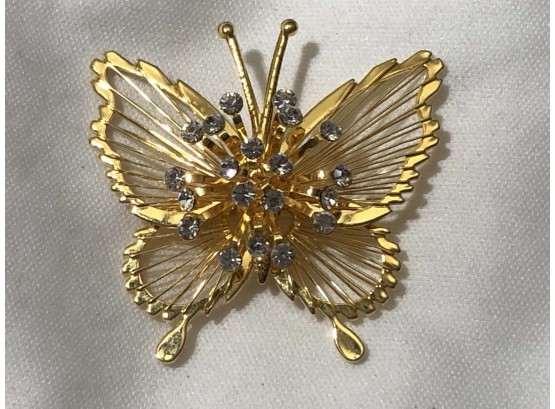 Gold Tone Butterfly Pin With Faux Diamonds