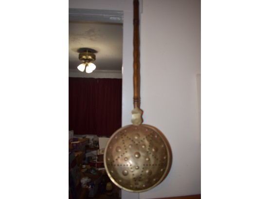Copper Bed Warmer With Wooden Pole And Punched Star Pattern