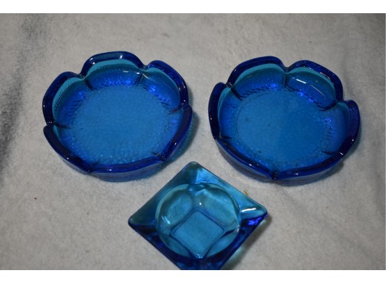 3  Sapphire Blue  Vintage Ashtrays