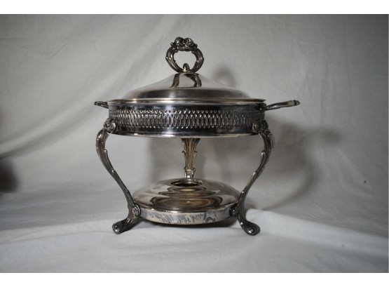 Silver Plated Warming Dish With Scrollwork Finial Handle And Area For Sterno Can