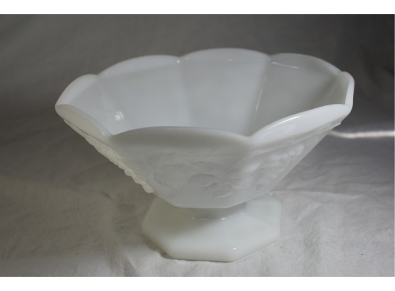 White Milk Glass Bowl With Grapes Decoration In Panels, Like Westmoreland Glass