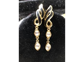 Black Enamel Earrings With Crystals By Trifari