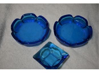 3  Sapphire Blue  Vintage Ashtrays