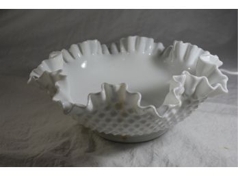 A White Milk Glass Hobnail Bowl With Ruffled Collar By Fenton
