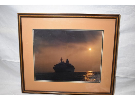 Framed Color Photograph Of A Ship During Sunset