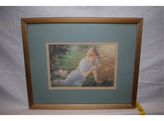Signed Color Lithograph By R. Blanc Titled Girl Sitting In The Grass