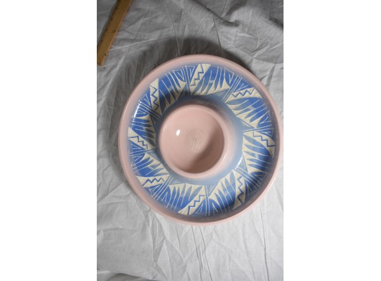 Low Bowl With Concentric Circle At Center, Blue, Multi Colored Glaze Signed As R. Silas Navajo