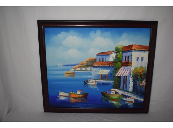 Spectacular Oil  On Canvas Seaside Villa Framed And Signed By The Artist