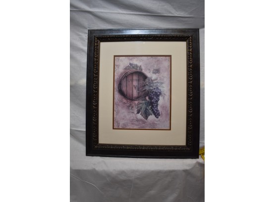 Cabernet Color Lithograph Framed, Matted, Still Life With Wine Cask And Grapes