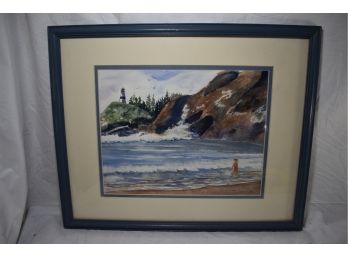 Framed Beach Scene Painted In Watercolor And Signed By The Artist Charron Smith