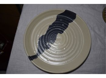 Glazed Asian Ceramic  Plate W/ Blue Stripe Signed With The Artists Mark