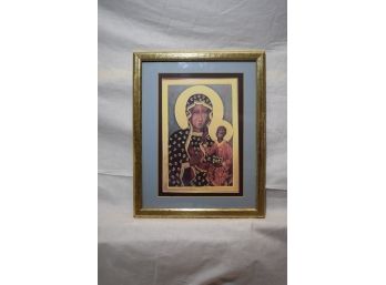 A Color Lithograph Print On Paper, Framed, Depiction Of A The Madonna And Child As A Russian Icon