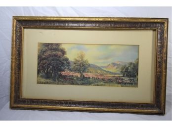 A Fantastic Chromolithograph Print Of A  Landscape With Trees In It's  Original Frame