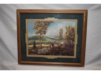 A Color Lithograph Matted And Framed, Depicting Buck And Deer In A Landscape By Lee K Parkinson