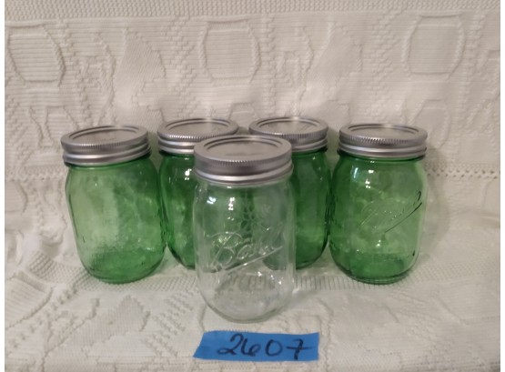 5 Mason Jars (4 Green, 1 Clear)