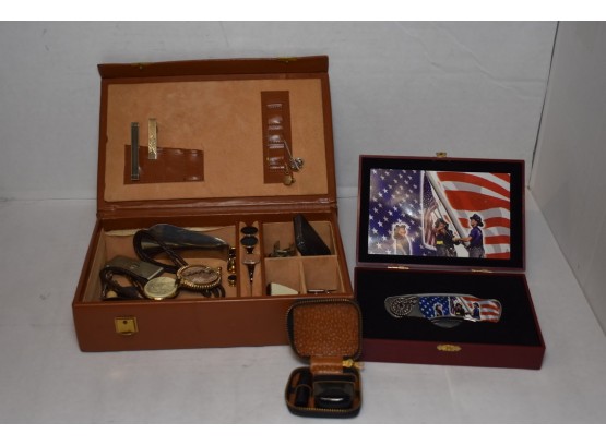 Dresser Box With Contents, Portable Electric Razor In The Original Case,  And 9/11 Pocket Knife