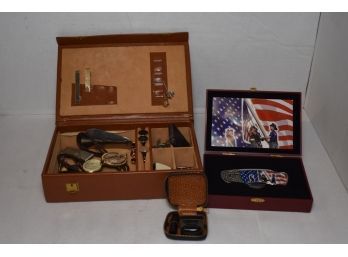Dresser Box With Contents, Portable Electric Razor In The Original Case,  And 9/11 Pocket Knife