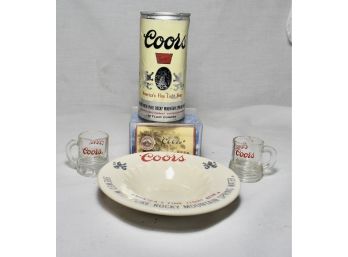 Coors Lot  Includes 2 Mini  Mugs, Ceramic Ashtray, Coors Can, And Trivia Cards
