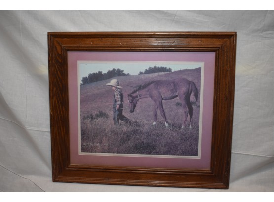 Color Lithograph Of A Young Cowboy With His Pony Signed  In The Plate Jim Daily