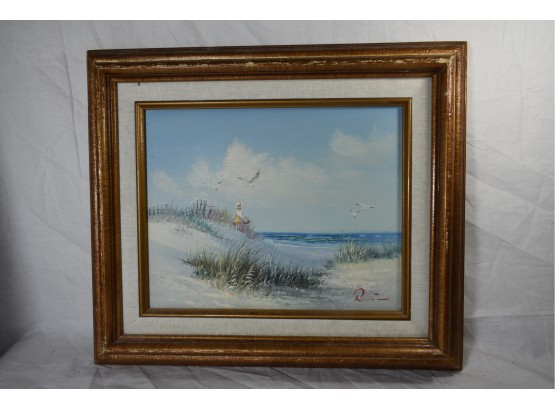 Oil On Canvas Painting Signed & Framed Beach Scene