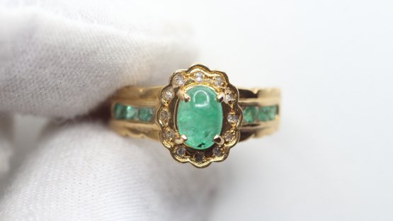 18K YELLOW GOLD EMERALD AND DIAMOND RING NATURAL CABOCHON GEMSTONE ESTATE VINTAGE ANTIQUE
