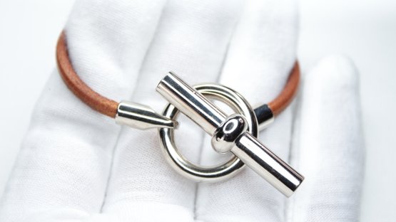 Authentic HERMES Glenan Silver & Leather Bracelet Brown Toggle Clasp