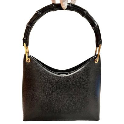 GUCCI Bamboo Shoulder Bag Leather Black Authentic Purse Tote Handbag