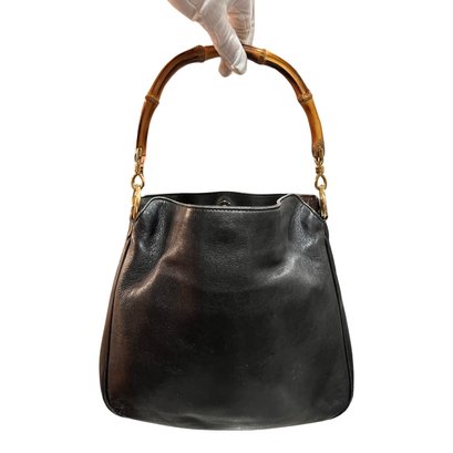 GUCCI Vintage Bamboo Solid Black Shoulder Bag Tote Purse Handbag Medium Leather Authentic