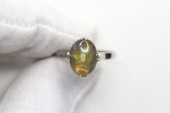 18K WHITE GOLD MEXICAN FIRE OPAL RING NATURAL CRYSTAL WATER JELLY RAINBOW GEMSTONE JEWELRY ESTATE