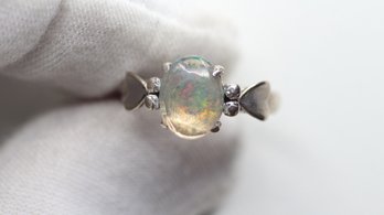 OPAL RING HEART 18K WHITE GOLD JEWELRY GEMSTONE NATURAL MEXICAN CRYSTAL OPAL