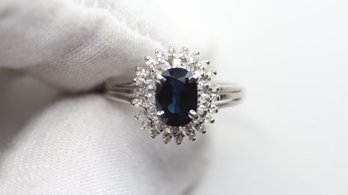 SAPPHIRE DIAMOND RING SOLID PLATINUM PT900 ESTATE JEWELRY DOUBLE HALO SETTING OVAL CUT