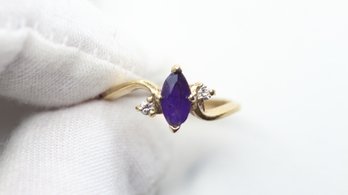 14K SOLID YELLOW GOLD RING AMETHYST DIAMOND COCKTAIL MARQUISE CUT 2.44 GRAMS SIZE 6 GEMSTONE JEWELRY