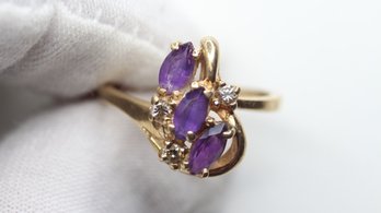 14K SOLID YELLOW GOLD RING AMETHYST DIAMOND COCKTAIL MARQUISE CUT 3.3 GRAMS SIZE 6 GEMSTONE JEWELRY