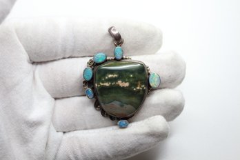 OPAL DOUBLET AND JASPER PENDANT STERLING SILVER 925, 18.36 GRAMS, 50MM X 40MM CABOCHON
