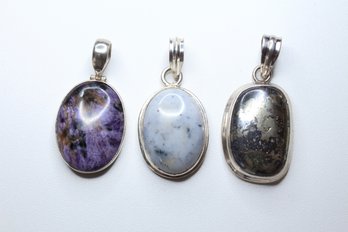 (3) STERLING SILVER 925 PENDANT LOT PYRITE, CHAROITE, MARBLE CABOCHON 39.9 GRAMS