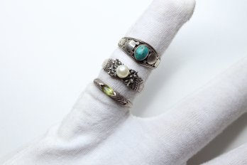 (3) STERLING SILVER RING LOT 925 TURQUOISE, PEARL, PERIDOT 7.23 GRAMS NAVAJO JEWELRY