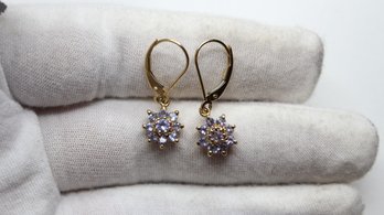 TANZANITE EARRINGS 14K YELLOW SOLID GOLD FLOWER DANGLE LEVER NATURAL GEMSTONE JEWELRY