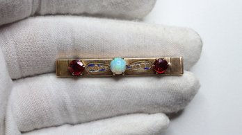 9K YELLOW GOLD OPAL AND GARNET PIN BROOCH ANTIQUE VINTAGE NATURAL GEMSTONE JEWELRY