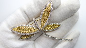 18K White & Yellow Gold Dragonfly Brooch 4.5ctw Diamond & 8.00ctw Yellow Sapphire - Handcrafted, Natural Gemst
