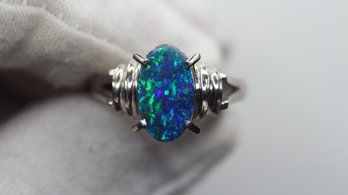 Opal Ring 14K White Gold O2.39ct, 6 Grams, Size 7 Australian Boulder Opal Black Gemstone Jewelry