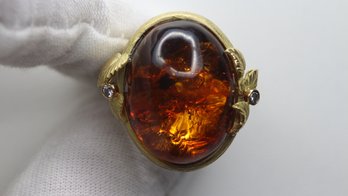 Amber Ring With Diamond VS Clarity, 18K Yellow Gold Dome, 11 Grams - Natural Baltic Gemstone