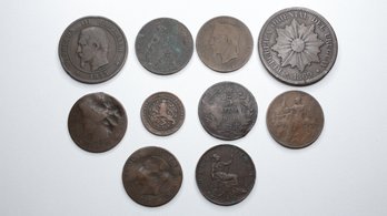 Lot Of 10 Foreign Coins Dated 1850 - 1899 Coin Old France, England, Uruguay