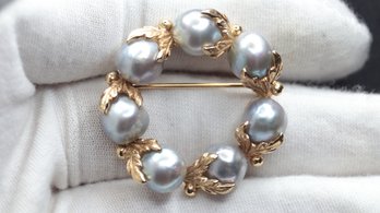 14K YELLOW GOLD AND PEARL WREATH STYLE PIN BROOCH HEAVY FINE JEWELRY