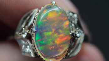 OPAL & DIAMOND RING SOLID PLATINUM 1.60CTW, 4 GRAMS, NATURAL MEXICAN CRYSTAL OPAL DIAMONDS JEWELRY