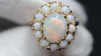 Opal Ring Halo 14K Gold 2.7ctw, 5 Grams Natural Australian Crystal Opal Gemstone Jewelry Art Nouveau
