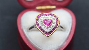RUBY HEART & OLD ROSE CUT DIAMOND PLATINUM GOLD RING GEMSTONE JEWELRY ( COMES WITH BOX ) RUBY DIAMONDS
